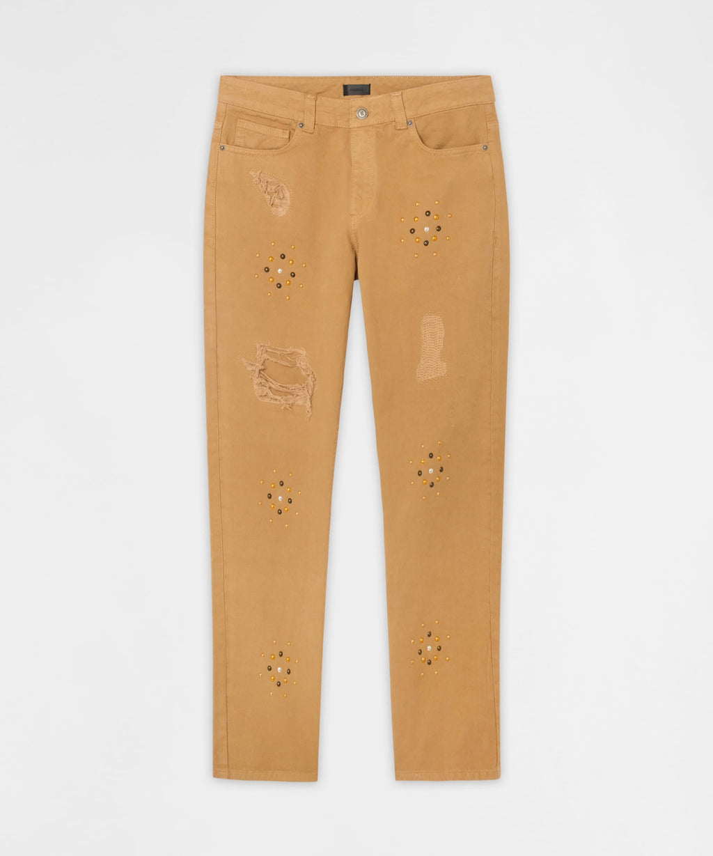 Constellation Studded Distressed Denim Jeans - Khaki